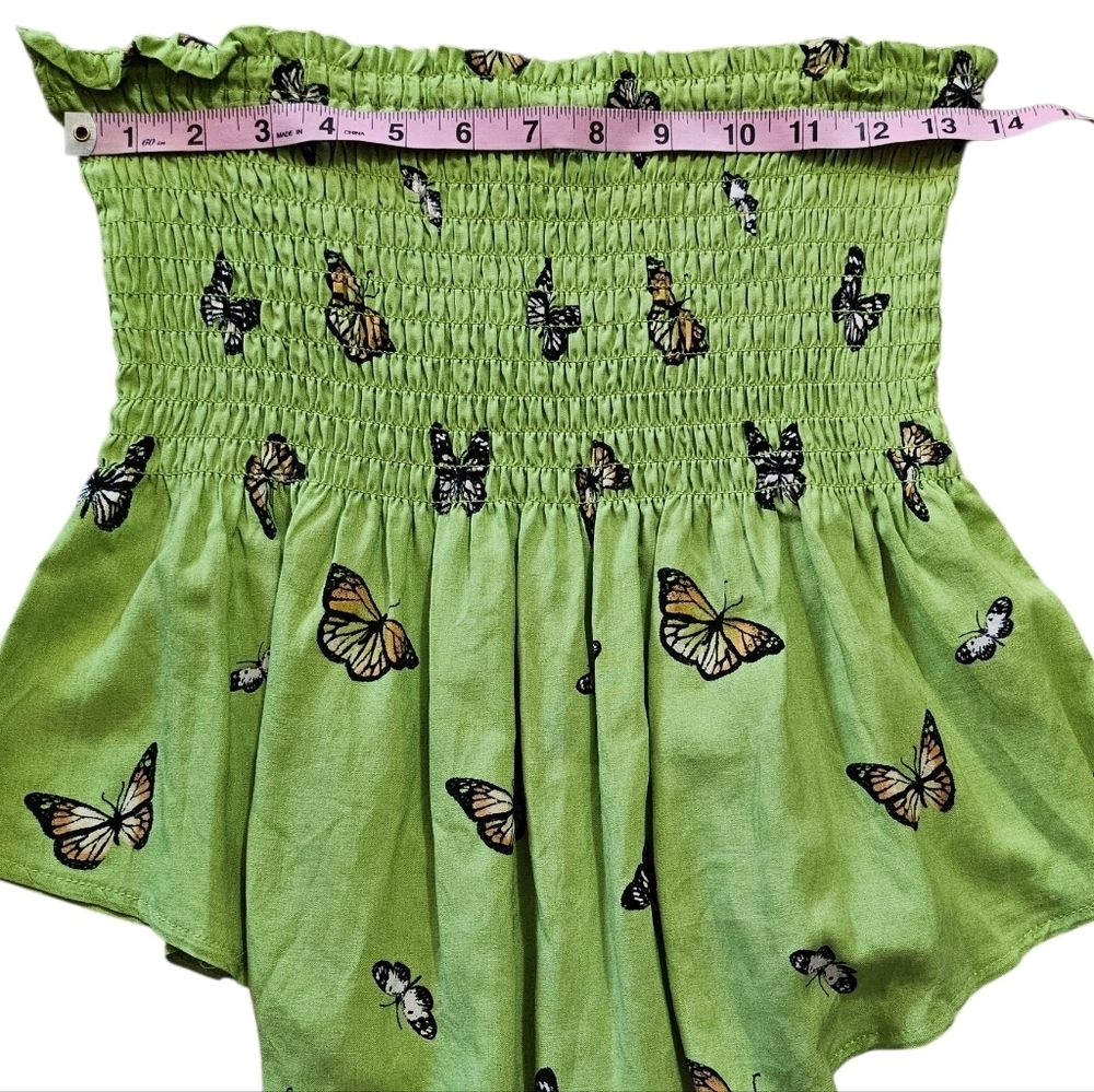 Y2K Stich & Pine Lime Green Smocked Flowy Cropped Tube Top With Butterflies - Picture 5 of 7